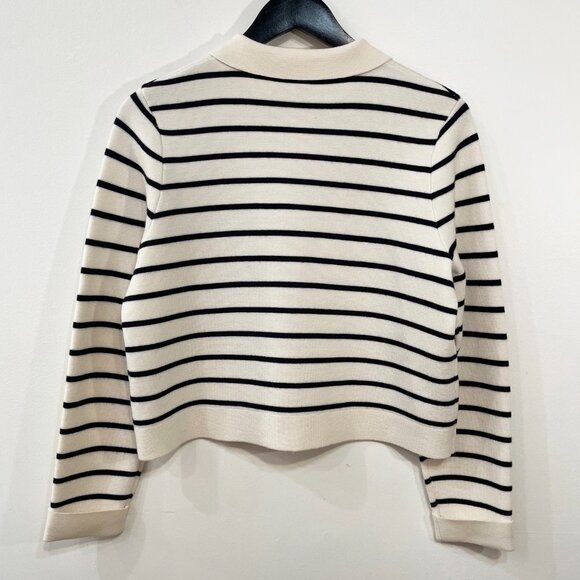 EUC Sezane Betty Merino Wool Striped Collared Cardigan Ecru Navy Small - Picture 4 of 8